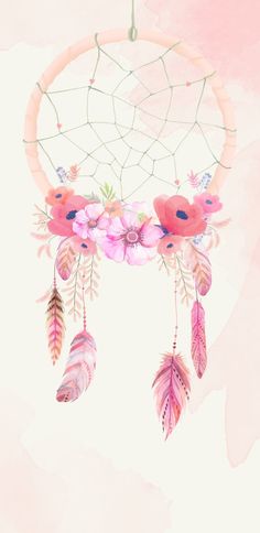 a watercolor dream catcher with pink flowers and feathers hanging from it's side