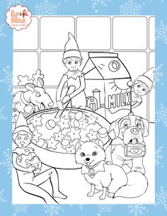 a coloring page for the elf and his friends in christmas time with snowflakes