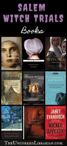 the salem witch trials book series is shown in black and white, with an image of books