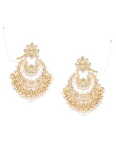 These beautiful off-white crescent-shaped chandbali earrings come with kundan stone studs & beads, are gold-plated, and are secured with a post and back closure. Comes with beaded detachable, gold-plated ear chains. These handcrafted chandbalis can be styled with any ethnic outfit, or an evening outfit to complete a captivating look. Product color may vary based on the monitor or screen you are using.See FAQ for more details. Size Length of earring: 11 cmLength of ear chain: 11 cm Details Materi Chandbali Pearl Drop Danglers For Reception, White Chandbali Pearl Earrings For Reception, Heavy White Chandelier Earrings For Festive Occasions, Heavy White Chandbalis For Reception, White Kundan Chandelier Earrings For Receptions, White Kundan Chandbali Chandelier Earrings, White Chandbali Chandelier Earrings For Reception, Pearl Drop Chandbalis For Diwali Reception, White Chandbali Bridal Earrings For Reception