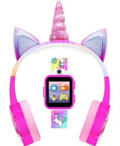 the pink unicorn headphones are next to an ipod