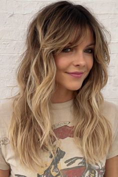 Long Shag with Curtain Bangs Blonde Highlights Shag Hair, Rocker Bangs Long Hair, Bronde Shag Long, Soft Wispy Curtain Bangs Long Hair, Curtain Bangs With Curled Hair, Thick Hair With Curtain Bangs, Shag Haircut With Curtain Bangs, Shag Cut With Curtain Bangs, Long Shag With Curtain Bangs