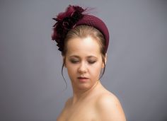 "◆ Burgundy wedding fascinator headband inspired by wonderful Kate Middleton is hand made and hand stitched. Burgundy hatinator for mother of the bride, mother of the groom comes with birdcage veil is being placed at the back of the halo headpiece or whithout it.  ◆ Padded halo headband has been covered in a high quality Italian crepe. Wedding guest hairband is trimmed with intone flowers and leaves covering the right ear side. Modern and elegant floral head piece will instantly elevate any outf Elegant Handmade Mini Hats For Wedding, Elegant Handmade Mini Hat Headband, Elegant Handmade Fascinator With Pinched Crown, Handmade Wedding Headband Fascinator, Handmade Mini Hat Headband For Wedding, Handmade Mini Headband Hats For Wedding, Handmade Pinched Crown Fascinator For Wedding, Elegant Wedding Fascinator With Matching Headband, Elegant Mini Hat Headband For Wedding Guests