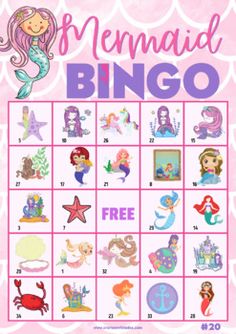 a pink mermaid themed game board with the words mermaid bingo on it and pictures of mermaids