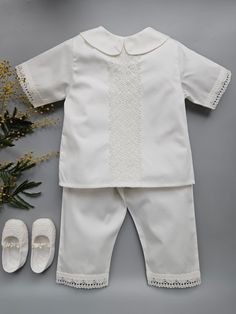 Beautiful Christening Ivory Baby Boy Suit. Made from soft pure polished cotton and cotton lace. It looks very nice and glitters elegantly. Cotton lace is made at a family-owned enterprise with a hundred-year history in a traditional Italian style. The outfit includes a shirt and pants.   Booties, bonnets, and a christening blanket are a nice addition to the boys' outfit. They could be included in the SET option.  A beautiful christening blanket glitters elegantly. At the same time, it is very so Christening Blanket, Baby Boy Suit, Newborn Boy Clothes, Baby Boy Clothing Sets, Boy Baptism, Boys Suits, Boys Set, Newborn Boy, Shirt And Pants