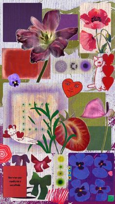 an abstract painting with flowers and hearts on the bottom right hand corner, surrounded by other images