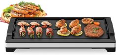 an electric grill with different types of meats and veggies on the side