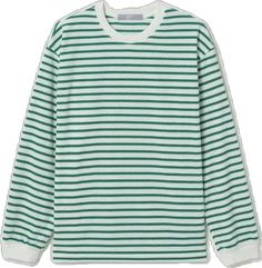 Green Long Sleeve Tops With Contrast Stripes, Green Horizontal Stripe Crew Neck Top, Casual Cotton Top With Horizontal Stripes, Trendy Relaxed Fit Horizontal Stripe Top, Trendy Tops With Horizontal Stripes And Relaxed Fit, Striped Cotton Tops For Loungewear, Trendy Relaxed Fit Top With Horizontal Stripes, Casual Oversized Top With Horizontal Stripes, Striped Relaxed Fit Top For Loungewear