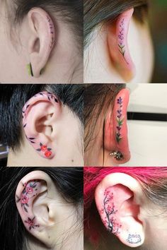 four different pictures of the same person with their ear piercings painted pink and green