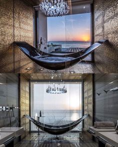 a bathroom with a hammock hanging from the ceiling and a chandelier