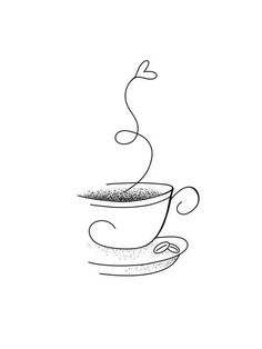 a drawing of a coffee cup with steam coming out of the top and saucer