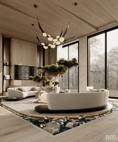 a modern living room with large windows and lots of natural materials on the flooring