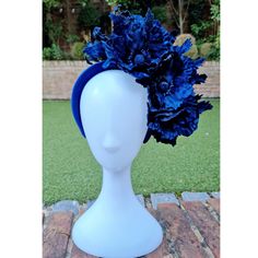 Bespoke Handmade Stunning Large Velvet Navy Blue Poppy Headpiece With Navy Velvet Forget Me Nots & Navy Velvet Leaves  In * Full * Bloom * Collection  From Statement Hats, Matching And Mixed Floral Velvet Padded Headbands, Block Coloured Feathered Headbands And Beaded Crowns - Perfect For An Elegant Yet A Bright Statement For Your Outfits To Weddings / Royal Ascot / Summer Garden Parties Or Just To Be Uniquely Different Blue Wedding Fascinator With Handmade Flowers, Blue Party Headpiece With Handmade Flowers, Blue Fitted Headpiece With Handmade Flowers, Fitted Blue Headpiece With Handmade Flowers, Blue Fitted Fascinator For Wedding, Fitted Ceremony Headpiece With Handmade Flowers, Royal Blue Fitted Fascinator For Wedding, Blue Wedding Headpiece For Royal Ascot, Royal Blue Wedding Fascinator