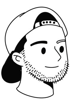 a black and white drawing of a man's head with a beard wearing a hat