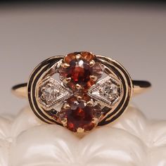 Year: 1940s Item Details: Ring Size: 5.5 (Sizable) Metal Type: 14K Yellow Gold [Hallmarked, and Tested] Weight: 4 grams Citrine Details: Orange, .10ct total weight. Side Stone Details: .10ct total weight, G Color, VS Clarity, Antique Single Cut Band Width: 2 mm Condition: Excellent Era: Edwardian Payment & Refund Details: More Pictures Available on Request Payment via Visa/Mastercard/Discover/AmericanExpress, check, money order or PayPal. Layaway * We will be more than happy to provide layaway payments for your convenience to make it easier to have the opportunity to enjoy one of our collection's treasure! Please contact us in advance so we can work out a payment plan best suited to your wants and needs. If you are able to visit us in our office and workshop located in Hicksville NY, pleas Estate Yellow Gold Rings For Collectors, Vintage Gemstone Rings For Anniversary, Vintage Multi-stone Ruby Ring In 14k Gold, Vintage Diamond Birthstone Ring Hallmarked, Vintage Diamond Birthstone Ring, Hallmarked, Vintage Style Red Cluster Ring In 14k Gold, Estate Style Gemstone Rings For Anniversary, Estate Style Gemstone Wedding Rings, Vintage Multi-stone Diamond Ring For Collectors