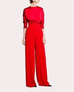 Brought to life in smooth crepe, these tailored pants fall in wide-leg form from their high-rise waistline to full-length hems. Pair with Sophie et Violà's Satin Top in Red for monochromatic styling. Zip closureHigh-rise waistlineWide-cut legsCrepe100% polyesterDry cleanMade in Spain Size & Fit Please note, below measurements reflect Sophie et Violà's size chart, not the actual garment. Size 34 (US 2): 31.49in bust, 23.62in waist, 34.64in hips Size 36 (US 4): 33.07in bust, 25.19in waist, 36.22in Crepe Pants, Satin Pants, Cape Sleeves, Gowns With Sleeves, Stretch Crepe, Satin Top, Tailored Pants, Red Satin, Wide Leg Pants