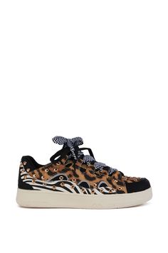 The Rani Multi Animal Print Sneaker is an embossed faux leather style featuring a round toe silhouette, a textured rubber flatform sole, cheetah, snake, and zebra print patterning, a chunky low-cut collar, and a double lace-up vamp with contrasting chevron laces. Complete with faux gold metallic circular stud detailing, a color block design, and a pull-on fit.  (all measurements are approximate from size 8) - Faux Leather Upper - Round Toe - Flatform Sole - 1.5” Sole Height - Imported Product ID: 427833 Print Sneakers, Leather Style, Zebra Print, Leather Fashion, Gold Metal, Animal Print, Leather Upper, Faux Leather, Lace Up