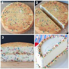 the steps to make a cake with sprinkles and frosting on it