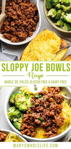 the recipe for sloppy joe bowls is shown in three different dishes with broccoli and cheese