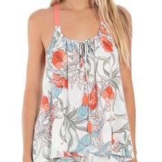 You'll Be Dreaming Of The Tropics In This Cool And Comfy Tank Top From Linea Donatella White Tropical Print Tankini For Spring, White Tropical Print Spring Tankini, Spring White Tropical Print Tankini, Feminine Tops For Beach Season Vacation, Spring Tropical Print Tops For Loungewear, Sleeveless Beachwear Top For Brunch, Floral Print Beachwear Blouse For Vacation, Floral Print Summer Blouse For Loungewear, Summer Floral Print Blouse For Loungewear