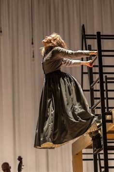 a woman standing on top of a wooden ladder