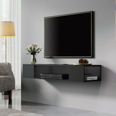 a living room scene with focus on the entertainment center and large screen tv mounted to the wall