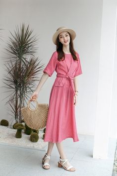 Name:  Linen Tied Knot Summer Dresses For Women   Fabric: Fabric has no stretchSeason:     Spring .Summer .FallType: DressSleeve Length:     Short sleeveColor:    Yellow and PinkDresses Length:  Maxi lengthStyle: CasualMaterial:     100% LinenSilhouette:  Fitting Model Size: Height:175 cm B/H/W:79/60/90 cm Size MSize: S:Shoulder Width:36 cm . Bust:88 cm . Length:117 cm .Sleeve Length:29 cmM:Shoulder Width:37 cm . Bus Casual Half-sleeve Maxi Dress For Beach, Casual Half Sleeve Maxi Dress For Beach, Casual Half Sleeve Maxi Dress For Summer, Casual Midi Dress With Tie Fastening For Spring, Casual Pink Knee-length Midi Dress, Pink Tie-waist Dress For Spring, Pink Tie Waist Dress For Spring, Short Sleeve Beach Dress With Tie Fastening, Spring Pink Dress With Tie Waist