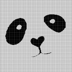 a cross stitch panda face with two hearts