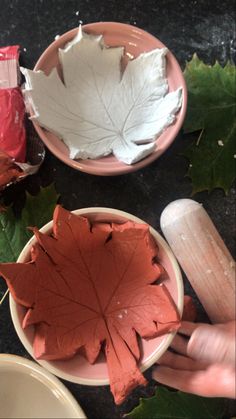 a person is holding a leaf in front of a bowl with leaves on it and other dishes