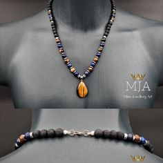 Drop Tiger's Eye Crystal Pendant Lapis Lazuli Bead Diffuser Black Lava Silver Hematite Men's Necklace Gift For Him & Her Stone Jewelry Tiger Eye Crystal, Lapis Lazuli Beads, Natural Gemstone Jewelry, Men's Necklace, Tiger Eye, Crystal Pendant, Stone Jewelry, Gemstone Necklace, Gift Necklace