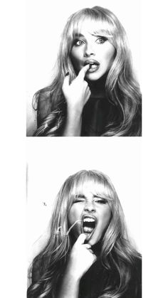 a woman brushing her teeth in two different pictures, one with long hair and the other with