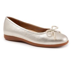 Discover the perfect blend of comfort and elegance with the Trotters Dellis leather slip-on flat. Featuring a ballerina-inspired design, this shoe boasts a well-cushioned footbed and shock-absorbing sole for all-day wear. The simple yet stylish look is completed with a cute bow ornament, making it an ideal choice for any occasion. From Trotters. Cushioned Slip-on Ballet Flats, Elegant Comfortable Slip-on Flats, Elegant Spring Slip-ons With Ortholite Insole, Elegant Slip-on Ballet Flats With Removable Insole, Elegant Ballet Flats With Ortholite Insole, Formal Textured Sole Slip-on Ballet Flats, Elegant Slip-on Ballet Flats With Arch Support, Formal Slip-on Ballet Flats With Cushioned Footbed, Elegant Ballet Flats With Arch Support