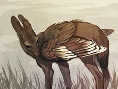 a painting of a deer standing in the grass with it's head turned to the side