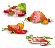 different types of meats and vegetables on a white background