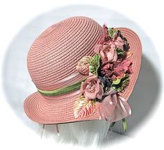 "This rose woven cloche has a dusty rose organdy and satin hatband with leaf green velvet ribbons on top. The front and back brim are rolled. The velvet ribbon also edges the brim. This twenties styled hat has a huge bouquet of vintage tonal silk & velvet roses and pansies in shades of rose, purple & leaf green with velvet leaves. Loops of the ribbons fall below the bouquet. The bouquet rests on the side of the hat. A perfect hat for a flapper costume or Deco themed event! It measures 22 Brimmed Boater Hat With Ribbon For Garden Party, Short Brim Boater Hat With Ribbon For Garden Party, Ribbon Hat For Kentucky Derby Garden Party, Kentucky Derby Garden Party Hat With Ribbon, Kentucky Derby Boater Hat With Ribbon For Garden Party, Kentucky Derby Boater Hat With Ribbon, Vintage Hats For Women, French Hats, Twenties Style