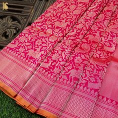 Crimson Pink Handloom Katan Silk Banarasi Shikargah Saree - Khinkhwab Ceremonial Art Silk Handloom Saree, Ceremonial Semi-stitched Handloom Saree, Ceremonial Tussar Silk Saree For Transitional Season, Navratri Ceremonial Tussar Silk Saree, Ceremonial Pink Tussar Silk Traditional Wear, Ceremonial Katan Silk Saree For Transitional Season, Ceremonial Pink Saree With Cutdana, Ceremonial Anarkali Pink Saree, Ceremonial Pink Handloom Traditional Wear