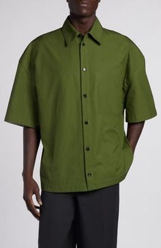 Tailored in a relaxed fit from cotton oxford cloth, this workwear-inspired shirt is subtly accented with stitched-down inverted pleats. 30" length; 50" chest (size 48 EU) Front button closure Spread collar Short sleeves 100% cotton Dry clean Made in Italy Designer Clothing Cotton Short Sleeve Work Shirt With Patch Pockets, Cotton Short Sleeve Shirt With Patch Pockets For Work, Modern Short Sleeve Shirt With Pockets For Work, Workwear Short Sleeve Shirt With Spread Collar And Pockets, Workwear Short Sleeve Shirt With Pockets And Spread Collar, Classic Cotton Short Sleeve Shirt With Patch Pockets, Green Work Shirt With Patch Pockets, Cotton Short Sleeve Work Shirt With Pockets, Cotton Button-up Short Sleeve Shirt With Patch Pockets