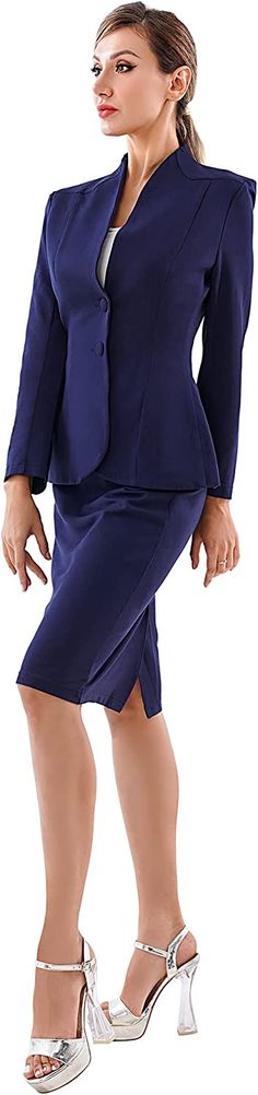 Make a statement in this fashionable two-piece skirt and suit jacket set composed of a modern dark blue deep V-neck and long sleeves. Perfect for formal occasions or dressed up casual, this set will leave you looking your best. Imported 63% Rayon, 32% Nylon, 5% Spandex Button closure Machine Wash Only Brand Size Dress Bust Waist Hip XS 0-2 31-32.5'' 23-24'' 31-34" S 4-6 33-35'' 25-26'' 35-37" M 6-12 35-36'' 27-28'' 38-39" L 12-14 38-40'' 29-31'' 40-42" XL 14-16 40-42'' 33.5-36'' 44-46" 2XL 18-20 42"-44" 37"- 40" 47"-50" 3XL 22-24 44"-46" 41"-46" 51"-55" 4XL 26-28 46"-48" 47"-50" 56-60" Blue V-neck Workwear Set, Luxury Formal Blue Skirt Suit, Formal Blue V-neck Outerwear, Elegant V-neck Blazer Dress With Hidden Buttons, Luxury Blue V-neck Outerwear, Winter Knit Hats, Deep V, Boot Accessories, Winter Knits