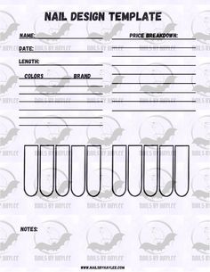 Introducing the Nail Design Template by Nails By Haylee! This simple yet effective template is the perfect place to let your creativity flow and keep yourself organized. Looking for a new way to elevate your next nail appointment or press on set? This is the perfect template for you! 💅🖤 Each template has been professionally deigned by a nail artist - me! 😊 So I can speak from first hand how these are easy to use! These templates will help you keep track of client, dates/times, length, product/brands, price breakdown, notes. And of course the nail designs!  WHAT'S INCLUDED  🖤Medium Square Nail Design Template - digital download  THIS IS FOR PERSONAL USE. Press on nail business, nail artist, nail tech, salon business owners.  📌This template IS NOT to be shared with anybody who has not p Nail Tech Service List, How Much To Charge For Nails, Nails Template Designs, Nail Tech Templates, Beginner Nail Tech Prices, Nail Template Free Printable, Nail Tech Notes, Nail Tech Set Up, Nail Tech Organization Ideas