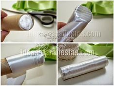 four pictures of different things made out of silver foil and ribbon with scissors in the background