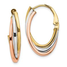 14k 14kt Tri-Color Tri-color Polished Hoop Earrings 3.13 Grams average weight (+/- 8%) This is pure 14Kt! Not Plated! Not Gold Filled! Length = 26.14mm Width = 16.51mm Hollow Polished Price is for one PAIR Gender: Women's Stamped 14K or 585 Leverback Manufacturing Process: Tubing We offer the lowest prices that we can. We therefore can not accept any offers. Visit our store at http://stores.ebay.com/allofthebestforless Medium Hoop Earrings, White Gold Hoops, Leverback Earrings, Gold Polish, Girls Earrings, Fine Jewellery Earrings, Gold Fashion, Jewelry Earrings Hoops, Selling Jewelry