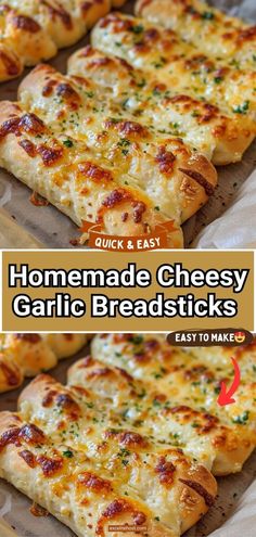 homemade cheesy garlic breadsticks on a baking sheet with text overlay