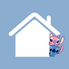 two cartoon characters peeking out from behind a white house with blue walls and flooring