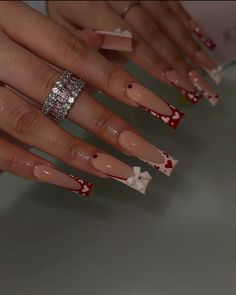 #valentinenails #valentines #rednails #whitenails #heartnails Long Red Nails, Set Nails, S Nails, Acrylic Nail Shapes, Super Cute Nails, Red Acrylic Nails, February Nails, Diy Acrylic Nails, Nail Designs Valentines