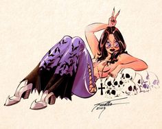 a drawing of a woman laying on the ground with skulls around her feet and wearing high heels