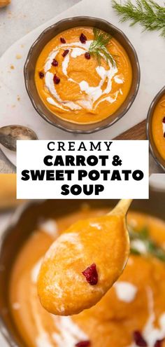 creamy carrot and sweet potato soup in a bowl with a spoon full of cream on top