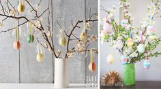 an easter tree decorated with eggs and flowers in a vase next to a photo of the branches