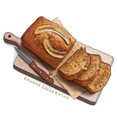 a loaf of banana bread sitting on top of a cutting board next to a knife