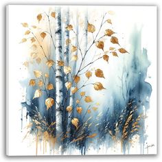 a painting of trees with yellow leaves on them