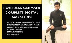 a man sitting on top of a table in front of a sign that says i will manage your complete digital marketing